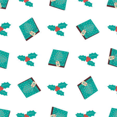 Seamless pattern. Gift box tied with a thread with a white snow-covered twig and red berries. Holly berry. Badge with a snowflake. Colorful vector illustration hand drawn. Winter holiday, Christmas and New Year print. Wrapping, textile, fabric or paperのイラスト素材
