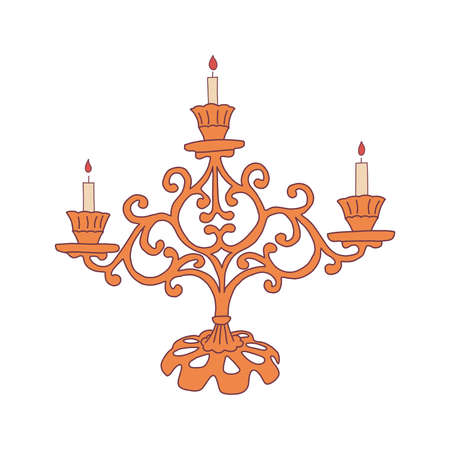 Vintage brass candlestick for three candles. Elegant antique or Scandinavian candelabrum. Colorful vector isolated illustration hand drawn icon or card. Single element clip artのイラスト素材