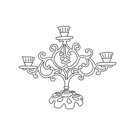 Vintage candlestick for three candles. Elegant antique or Scandinavian candelabrum. Black and white vector isolated illustration hand drawn icon or card. Single elementのイラスト素材