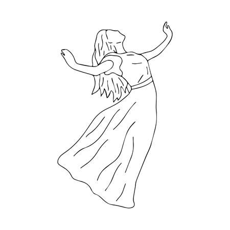 Girl in a long dress and with long hair is dancing with her hands up. Black and white vector isolated illustration contour hand drawn. Beauty and femininity in movementのイラスト素材