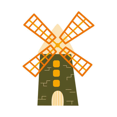 Cute old mill. Vintage high building turning. Single object icon. Colorful vector isolated illustration hand drawnのイラスト素材