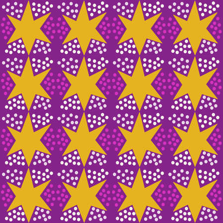 Yellow star in purple polka dot square background. Abstract geometric composition, print. Vector illustration hand drawn. Card or wallpaperのイラスト素材