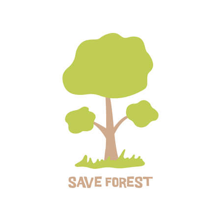 Green tree with spreading branches and grass. National Forest Day. Save forest inscription. Concept of conservation of nature. Colorful hand drawn vector isolated illustration. national arbor dayのイラスト素材