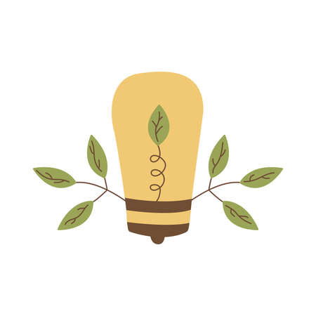 Earth Hour. Light bulb with a leaf inside and on the sides. Save the planet. Colorful hand drawn vector isolated illustration. icon clip artのイラスト素材