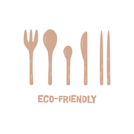 Set of cutlery made of bamboo. Eco-friendly European and Asian cutlery. Fork, spoon, knife, bamboo sticks. Colorful hand drawn vector isolated illustrationのイラスト素材
