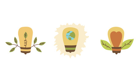 Set of light bulbs with red heart inside, leaves and planet. Earth Hour. save planet. Colorful hand drawn vector isolated illustration. energy savingのイラスト素材