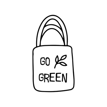 Fabric shopper with inscription go green and twig. Eco fabric bag. Save planet concept. Ecology theme. Black and white vector isolated illustration hand drawnのイラスト素材
