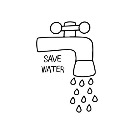 Open faucet with water drops. text save water. Ecology concept. Black and white vector isolated illustration hand drawn. poster or print. Message for world doodleのイラスト素材