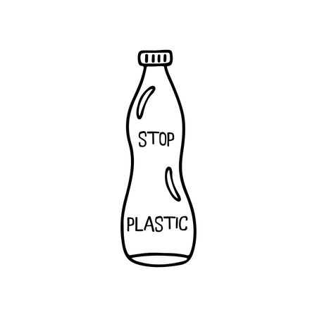 Plastic bottle with inscription stop plastic. Save planet concept. Black and white hand drawn vector isolated illustration icon doodleのイラスト素材