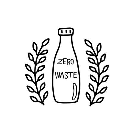 Plastic bottle with inscription zero waste and branches on the side . Save planet concept. Black and white hand drawn vector isolated illustration icon doodleのイラスト素材