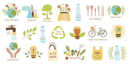 Set of elements on the theme of ecology. Colorful vector isolated hand drawn element illustration. Collection clip art. Save planet, zero waste, vegan food, recyclingのイラスト素材