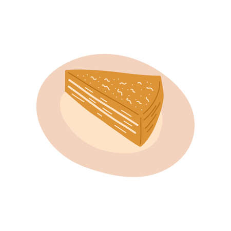 Slice of cake on a plate. Colorful vector isolated illustration hand drawn. Delicious and beautiful dessert, snackのイラスト素材