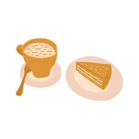 Set of a cup of tea or coffee with a saucer and a piece of cake on a plate. Snack or dessert. Cafe or restaurant. hot drinks. Colorful vector isolated illustration hand drawnのイラスト素材