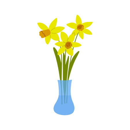 Daffodils flowers in a vase. Three narcissus flowers. Colorful hand drawn vector illustration isolatedのイラスト素材