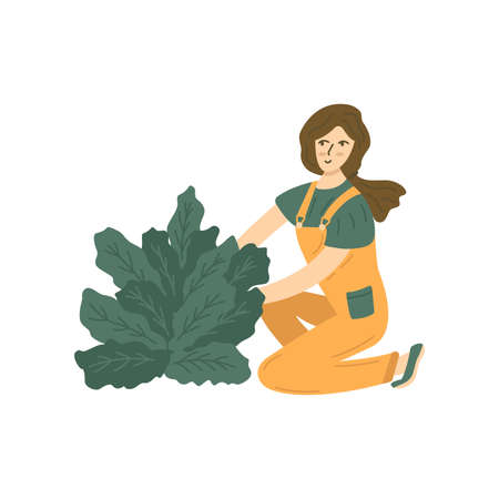 Girl in overalls works in the garden, processing vegetables. Country life, vegetable sowing season, farming. Colorful vector isolated illustration hand drawnのイラスト素材