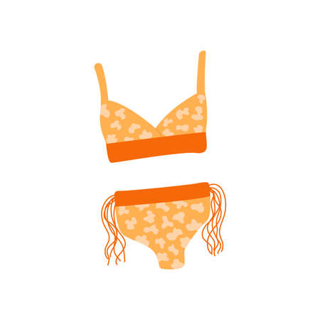 Womens swimsuit with abstract print in orange and yellow. Colorful vector isolated illustration hand drawn. Swimwear, beach seasonのイラスト素材
