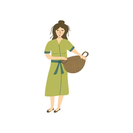 Cute girl stands and holds a wicker laundry basket in her hands. Colorful vector isolated illustration hand drawn. Cottagecore. Woman doing housework, laundry outdoors. country life. home routineのイラスト素材