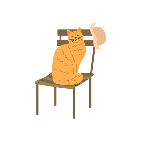 Red cat sits on a chair in the yard. Hat hanging on a chair. Cute friendly animal, pet. Rural life, summer time. Colorful vector isolated illustration hand drawnのイラスト素材