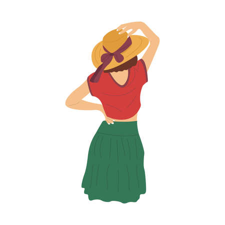 Slim girl in a hat looks ahead. back view. Colorful vector isolated illustration hand drawn. summertime. Elegant woman in skirt and top. beauty and femininityのイラスト素材