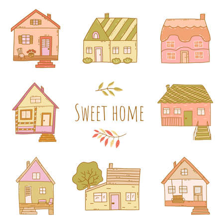 Set of small cute houses with sprigs. sweet home inscription. Colorful vector isolated doodle illustration collectionのイラスト素材