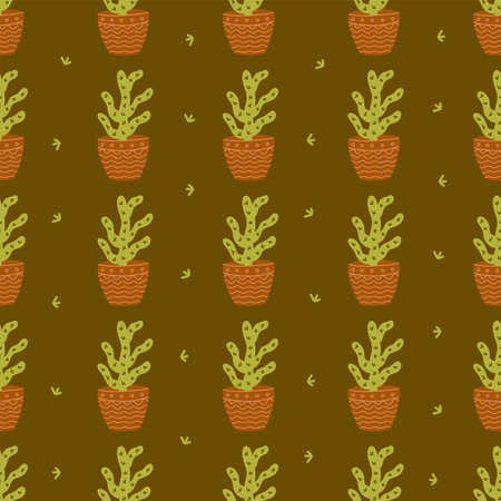 Seamless pattern with cute green cactus in a pot. Colorful vector doodle cacti illustration hand drawn on a brown background. Wrapping or textile print. paper art templateのイラスト素材