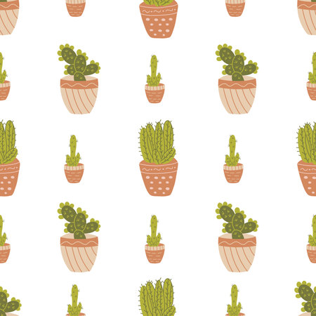 Seamless pattern with cute little cactus in a pot. Colorful vector doodle cacti illustration hand drawn on a white background. Wrapping or textile print. paper art templateのイラスト素材