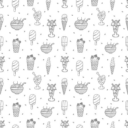 Seamless pattern with different ice cream in cups, on a stick, in a bowl. Black and white vector doodle illustration. Hand drawn contour collection. Wrapping or textile print. paper art templateのイラスト素材