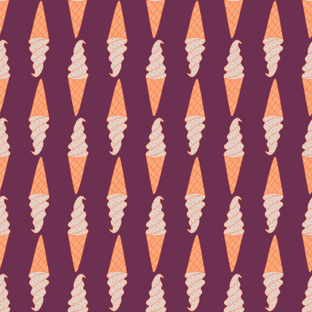 Seamless pattern with ice cream in a waffle cup in the shape of a cone. Colorful vector doodle illustration hand drawn on a purple background. Wrapping or textile print. paper art templateのイラスト素材