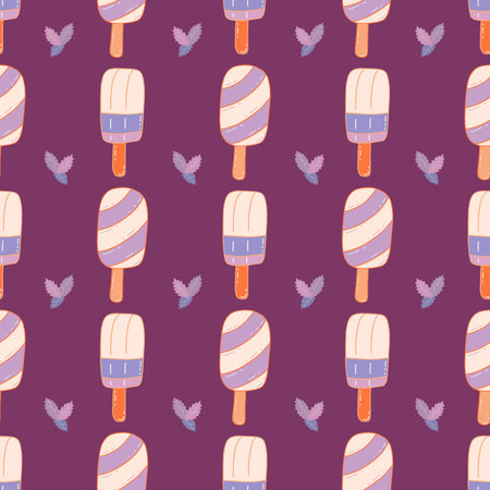 Seamless pattern with ice cream on a wooden stick in glaze. ice lolly. Colorful vector doodle illustration. Hand drawn on a purple background. Wrapping or textile print. paper art templateのイラスト素材