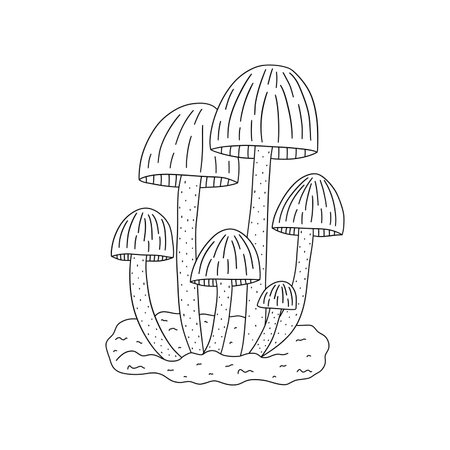 Family of fairy mushrooms. Black and white vector isolated illustration hand drawn. Wildlife simple doodle cardのイラスト素材