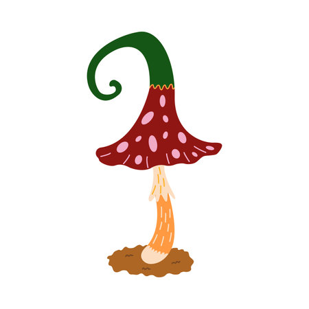 Fly agaric mushroom with a cute hat. Vector colorful isolated illustration hand drawn doodle. Simple card or print amanita. autumn season clip artのイラスト素材
