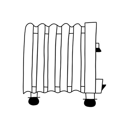 Floor electric oil heater for home. Equipment for heat radiation in the cold season. Radiator device. heating season. Vector black and white isolated illustration hand drawn doodleのイラスト素材