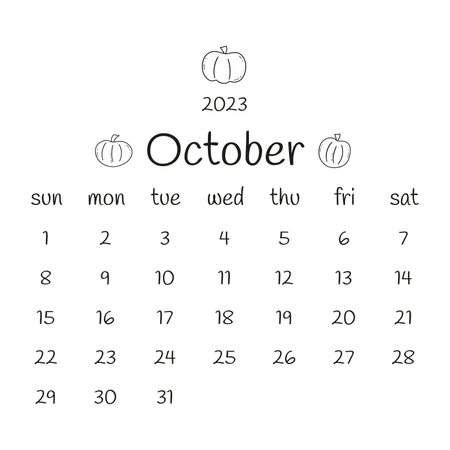 2023 october calendar with pumpkins. Black and white modern calendar, monthly planner. Vector hand drawn doodle illustration. Modern simple design. Autumn monthのイラスト素材