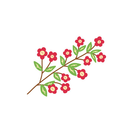 Blooming spring twig with leaves. Colorful vector isolated doodle illustration spring and summer season. Card or print hand drawn single elementのイラスト素材