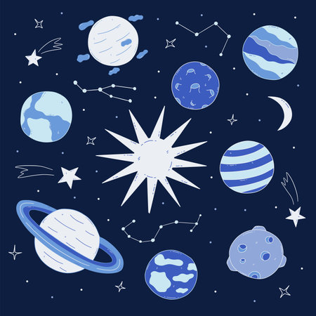 Planets in space around the sun on a blue background of the universe. Constellations and shooting stars, crescent moon. Vector illustration hand drawn doodle. Amazing outer spaceのイラスト素材
