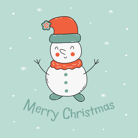 Card cute happy snowman in hat with pompon raised his hands up. Inscription Merry Christmas. green background. snowing. Winter and new year postcard. Vector illustration hand drawn doodleのイラスト素材