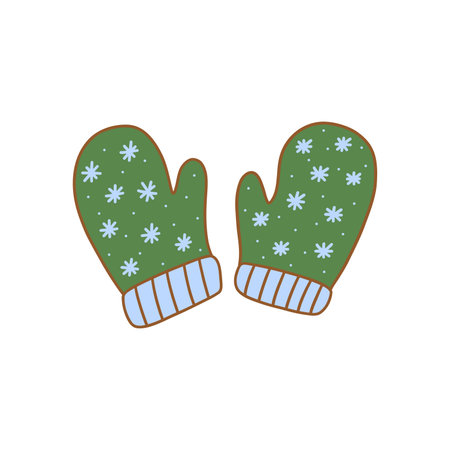 Cute green winter warm cozy mittens with snowflakes. Accessory for hands. Colorful vector isolated illustration hand drawn doodle. Design element, card or icon contourのイラスト素材