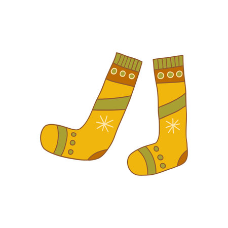Warm cozy winter yellow socks with snowflakes. Comfortable clothes for cold weather. winter season. Colorful isolated vector illustration hand drawn doodle. Card or icon, design element outlineのイラスト素材