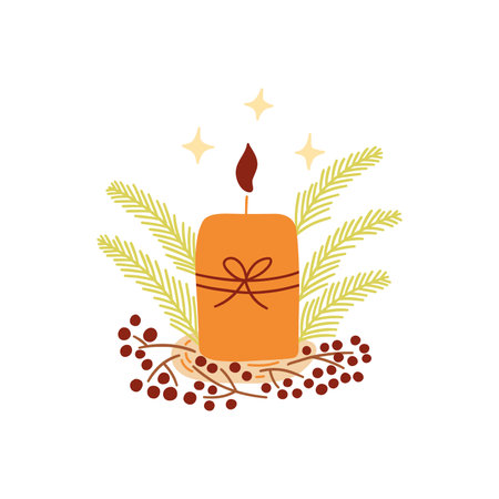 Christmas festive burning candle with spruce branches and holly berries. Colorful vector isolated illustration hand drawn doodle. Winter holiday season, new year eve, design elementのイラスト素材