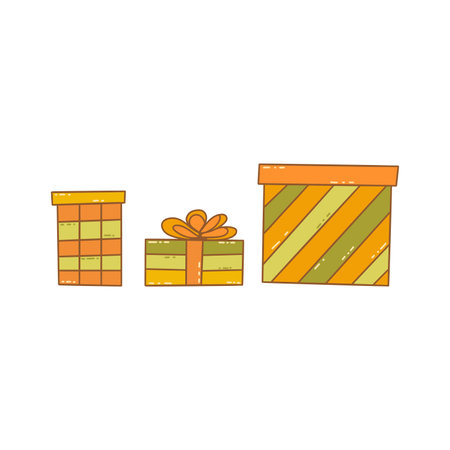 Set of cute festive gift boxes. Merry Christmas and Happy New Year. happy birthday. Colorful vector isolated card or postcard illustration hand drawn doodle. holiday present contourのイラスト素材