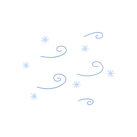 Snow and blizzard with wind direction. Colorful vector isolated illustration hand drawn doodle. weather forecast. Cyclone, snow storm, winter season cardのイラスト素材