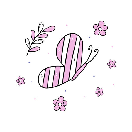 Beautiful abstract butterfly in pink color, flowers and twig. Vector isolated illustration hand drawn doodle. cute moth printのイラスト素材