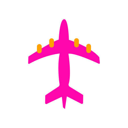 Passenger plane flying in the sky. Colorful vector isolated illustration hand drawn. pink airplane. Air transport, travel concept icon or sign. View from belowのイラスト素材