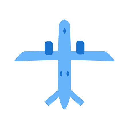 Passenger plane flying in the sky. Colorful vector isolated illustration hand drawn. blue airplane. Air transport, travel concept icon or sign. View from belowのイラスト素材