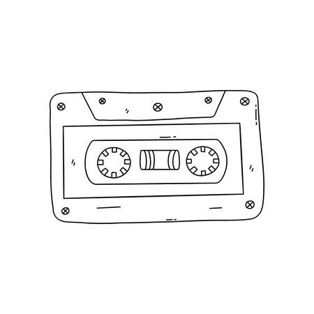 Retro cassette tape for tape recorder or audio player. Thing from the 90s, nostalgia. Black and white vector isolated illustration hand drawn with outline. Vintage element, icon or sticker, doodleのイラスト素材