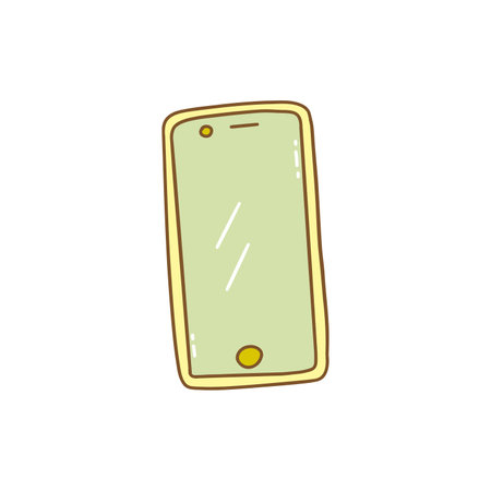 Mobile phone, stylish smartphone on white background. Gadget. Colorful vector isolated hand drawn illustration doodle with contour, yellow and green colors. Icon or card, single elementのイラスト素材