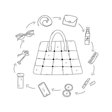 Women's roomy tote bag and things. Headphones and phone, wallet and keys, sunglasses and comb, mirror and lipstick, water bottle. Black and white vector isolated illustration doodle hand drawnのイラスト素材