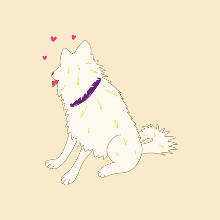 Happy playful white dog sitting and turned his head sideways, tongue out. Laika dog, friend animal, guide dog, companion pet. National Puppy Day. Colorful hand drawn doodle illustration vectorのイラスト素材