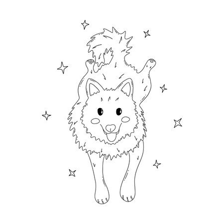 Playful dog lies and looking cute, tongue out. Laika dog, friend animal, guide dog, companion pet. National Puppy Day. Stars around. Black and white hand drawn doodle illustration vector isolatedのイラスト素材