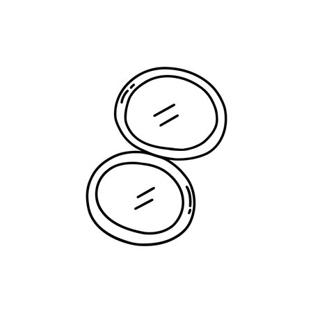 Small folding pocket mirror, double with magnifier. Black and white vector isolated illustration hand drawn doodle. Icon or card, single elementのイラスト素材